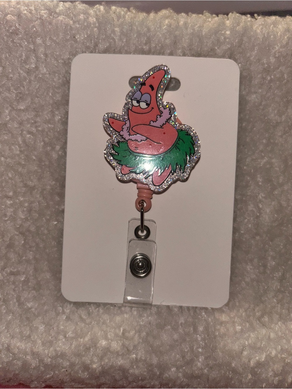 Pink Cartoon Starfish Retractable Badge Reel with Green Skirt